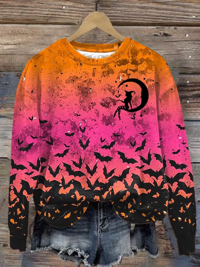 Witch Bat Halloween Print Round Neck Sweatshirt