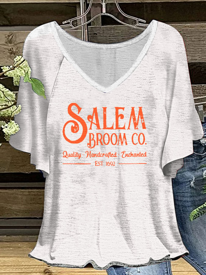 Women's Salem Broom Co 1692 Print V-Neck Ruffle Sleeve T-Shirt