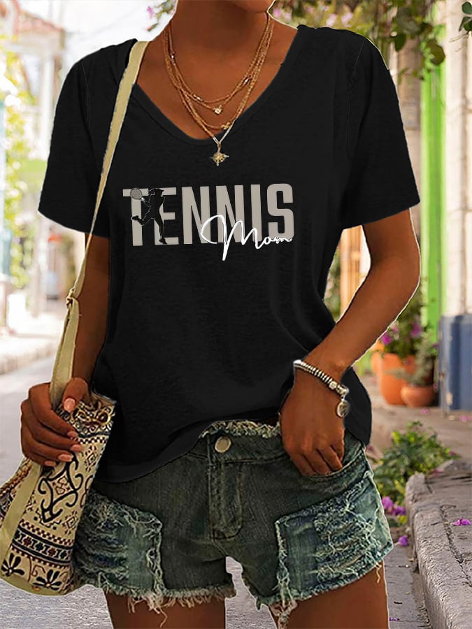 Women's Tennis Mom Printed V-Neck T-Shirt