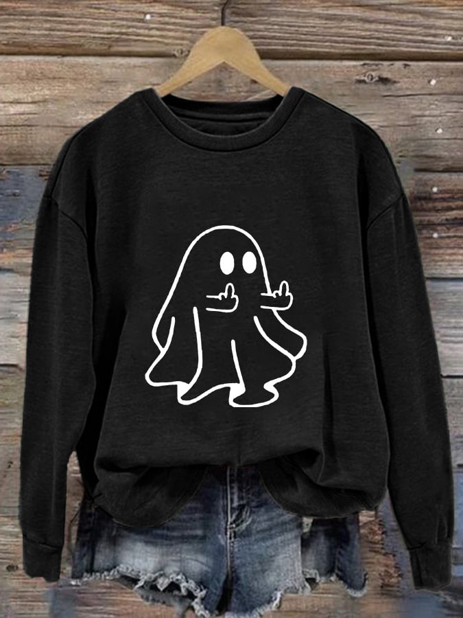 Women's Ghost Middle Finger Print Long Sleeve Sweatshirt