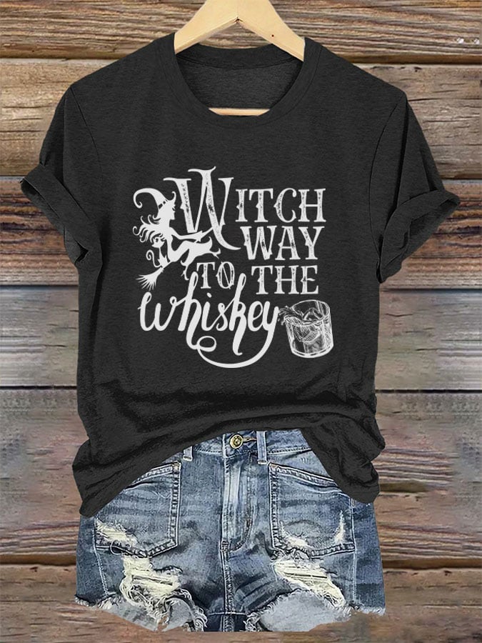 Women's Witch Way to The Whiskey Halloween Printed T-Shirt