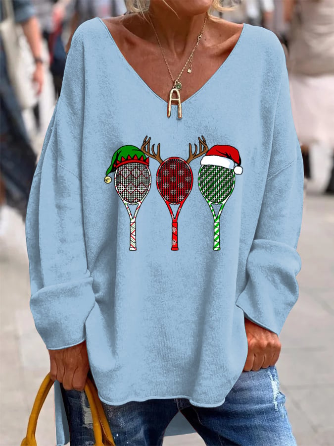 Women's Christmas Tennis Racket Printed French Cashmere V-Neck Top