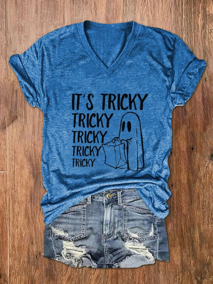 Women's It's Tricky Funny Halloween Print V-Neck T-Shirt