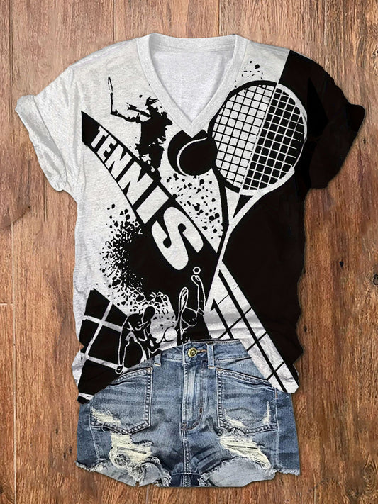 Women's Fun Tennis Print V-Neck T-Shirt