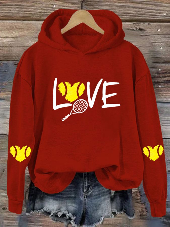Women's love tennis printed casual hooded sweatshirt