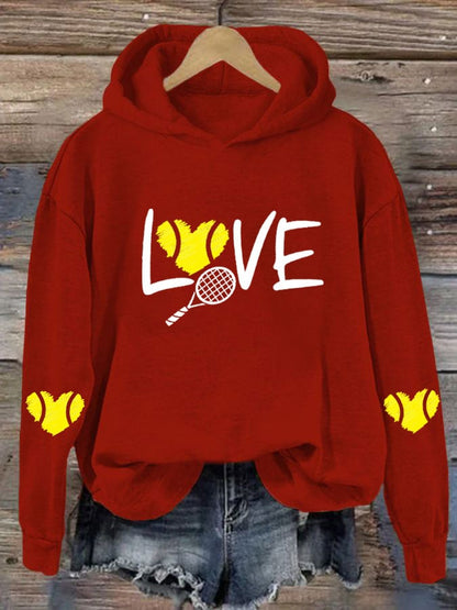 Women's love tennis printed casual hooded sweatshirt