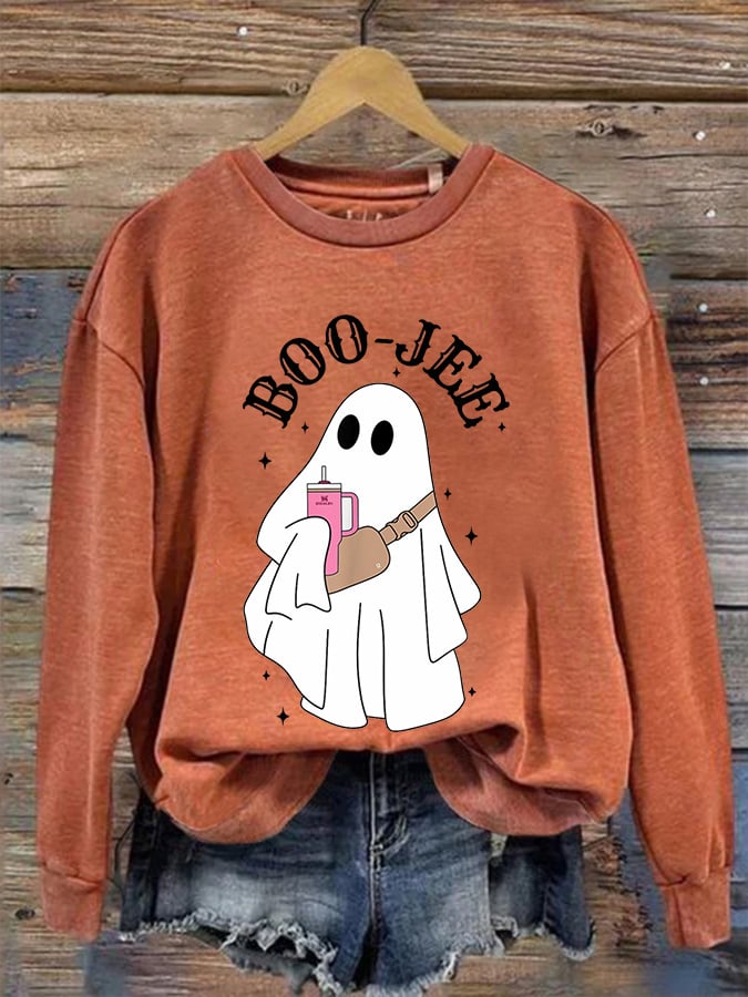 Women's Halloween Boo Jee Cute Ghost Print Casual Sweatshirt