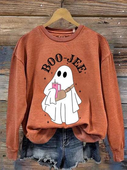 Women's Halloween Boo Jee Cute Ghost Print Casual Sweatshirt