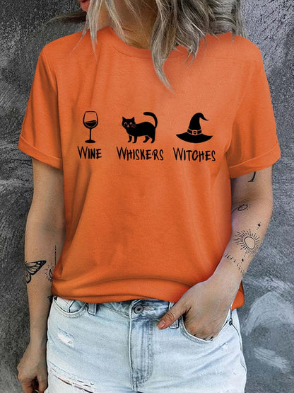 Women's Wine Whiskers Witches Print T-Shirt