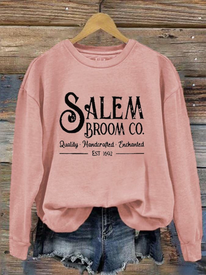 Women's Salem Broom Co Quality Handcrafted Enchanted Est 1692 Print Crew Neck Sweatshirt