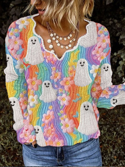 Women's Rainbow Ghost Halloween Faux Cashmere V-Neck Top