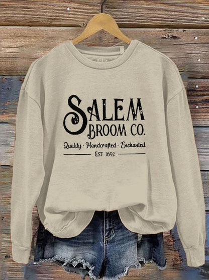 Women's Salem Broom Co Quality Handcrafted Enchanted Est 1692 Printed Round Neck Long Sleeve Sweatshirt