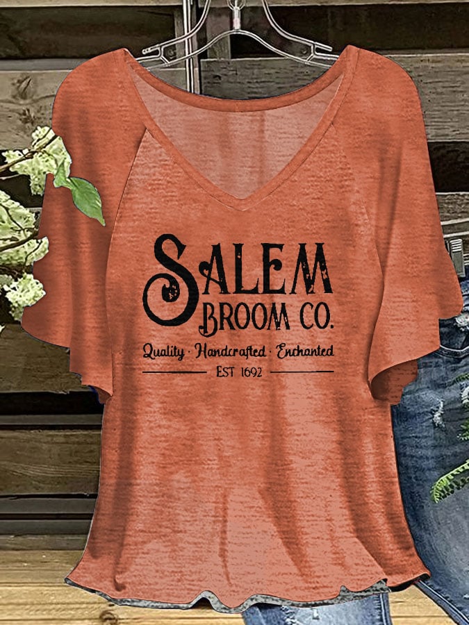 Women's Salem Broom Co 1692 Print V-Neck Ruffle Sleeve T-Shirt