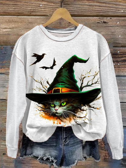 Women's Halloween Witches Cat  Print Sweatshirt