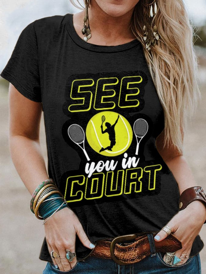 Women's Tennis See You In Court Print Crew-Neck Floral T-shirt