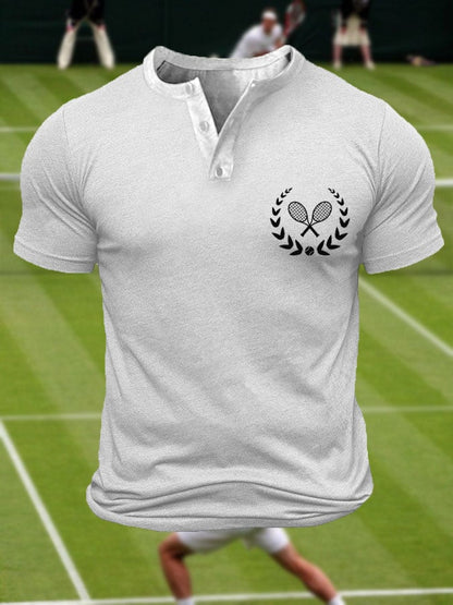 Men's Tennis Lover Printed Henley Collar Button-Up T-Shirt
