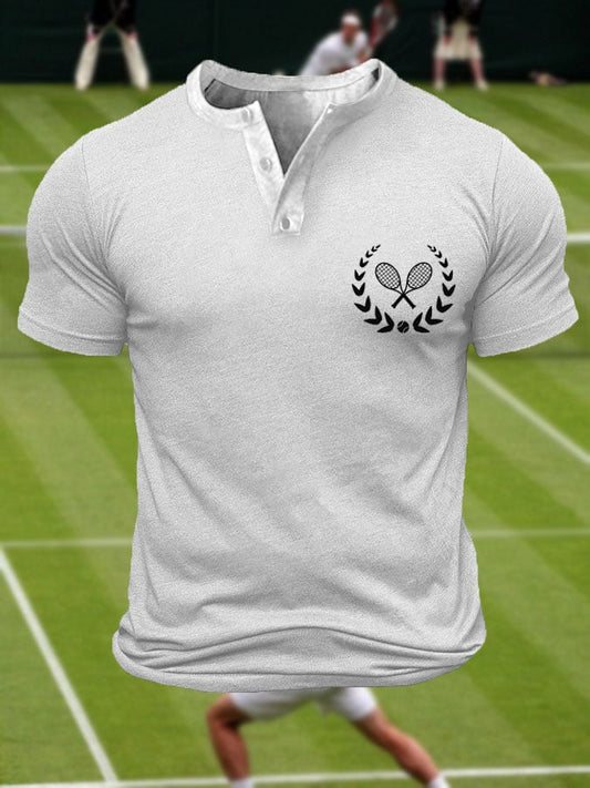 Men's Tennis Lover Printed Henley Collar Button-Up T-Shirt