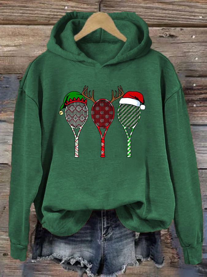 Women's Christmas Tennis Racket Print Casual Hooded Sweatshirt