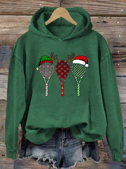 Women's Christmas Tennis Racket Print Casual Hooded Sweatshirt