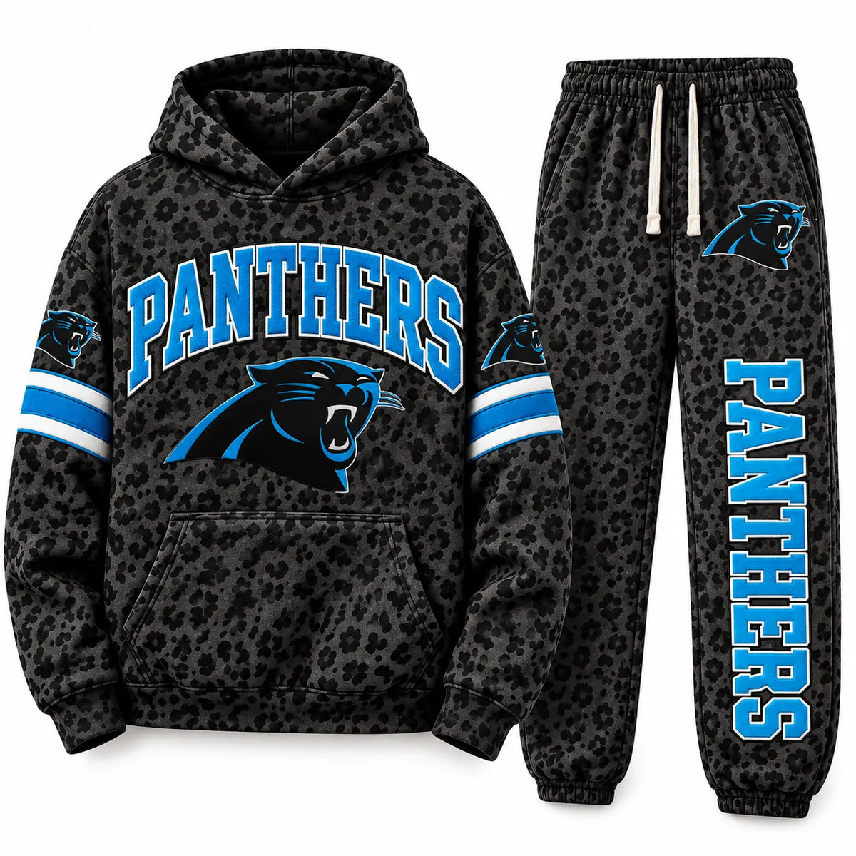 WOMEN’S CAROLINA PANTHERS LEOPARD PRINT GRAPHIC HOODIE & JOGGER SET