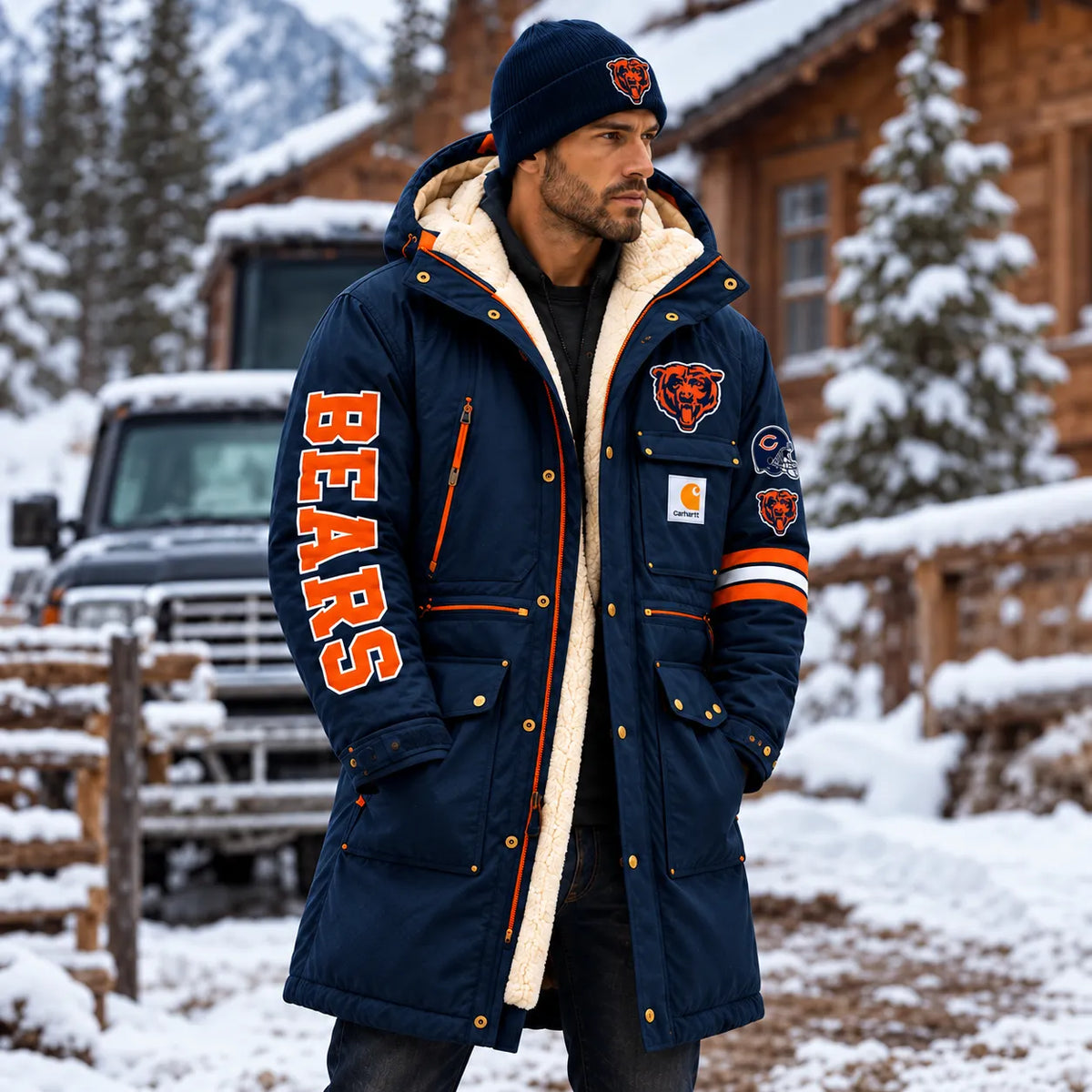 UNISEX CHICAGO BEARS NAVY BLUE WINTER SHERPA LINED HOODED PARKA JACKET