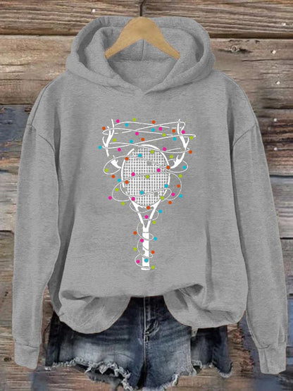 Women's Christmas Tennis Racket Print Casual Hooded Sweatshirt
