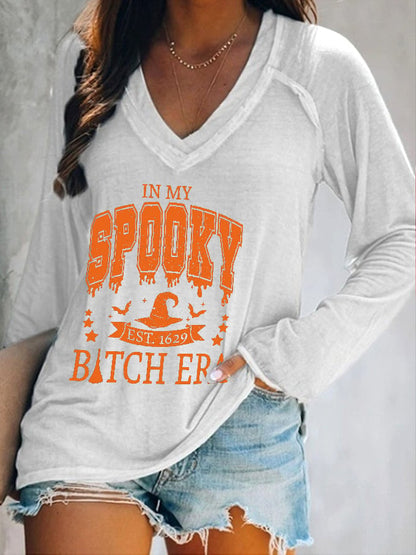 Women's Halloween In My Spooky B*tch Era Est.1629 Printed V-neck Long Sleeve Top