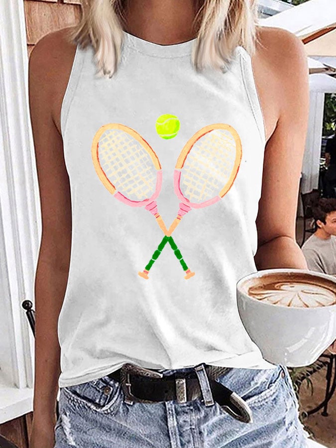 Women's Funny Tennis Print O-Neck Top