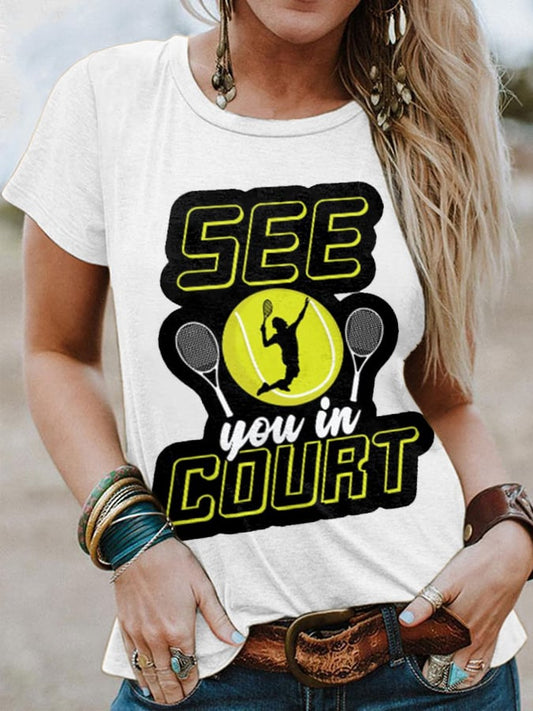 Women's Tennis See You In Court Print Crew-Neck Floral T-shirt