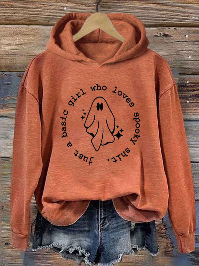 Women's "Just a basic girl who loves Spooky Shirt" printed casual hooded sweatshirt