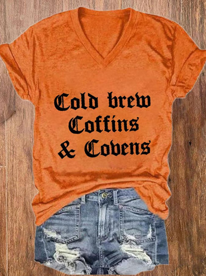 Women's Halloween  Cold Brew, Coffins & Covens  V-Neck Tee