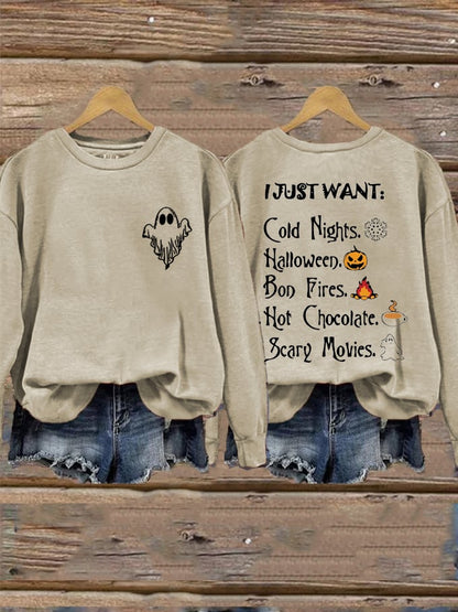 Women's Halloween I Just Want To Cuddle And Watch Horro Movies Printed Sweatshirt