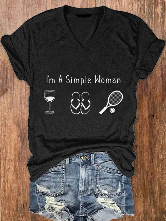 Women's I'm A Simple Woman Tennis Print V-Neck T-Shirt