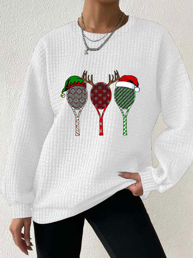 Women's Christmas Tennis Racket Print Waffle Sweatshirt