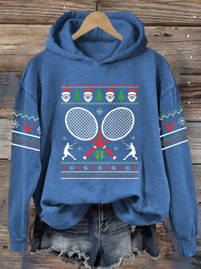 Women's Christmas Tennis Racket Print Casual Hooded Sweatshirt