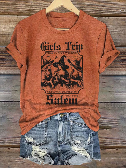 Women's Girl's Trip Salem Time To Get Wicked Halloween Printed T-Shirt