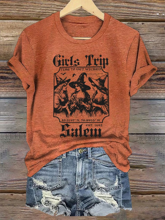 Women's Girl's Trip Salem Time To Get Wicked Halloween Printed T-Shirt