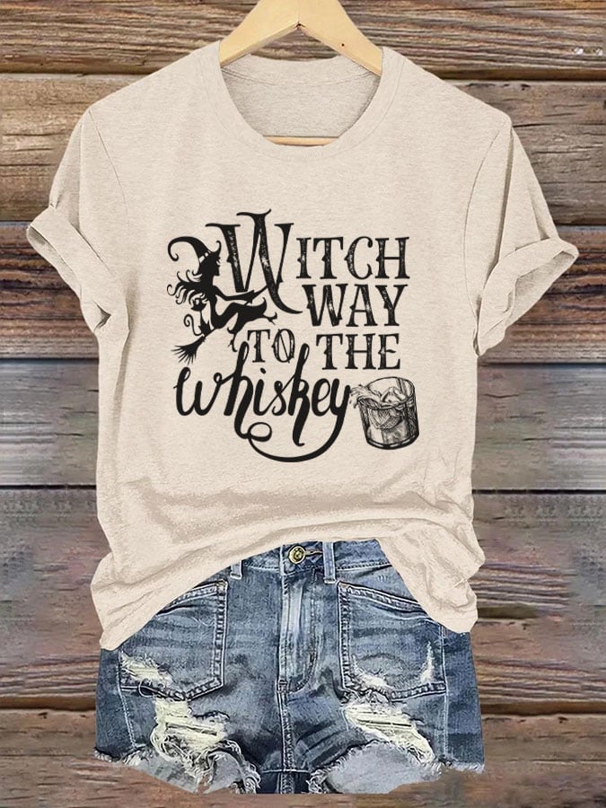 Women's Witch Way to The Whiskey Halloween Printed T-Shirt