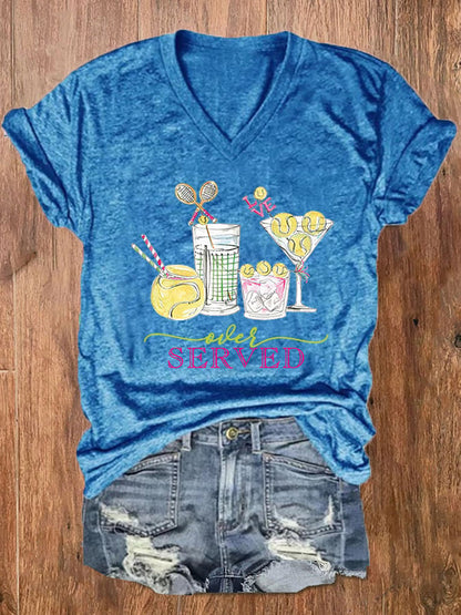 Women's Funny Tennis Tennis Drinks  Print V-Neck T-Shirt
