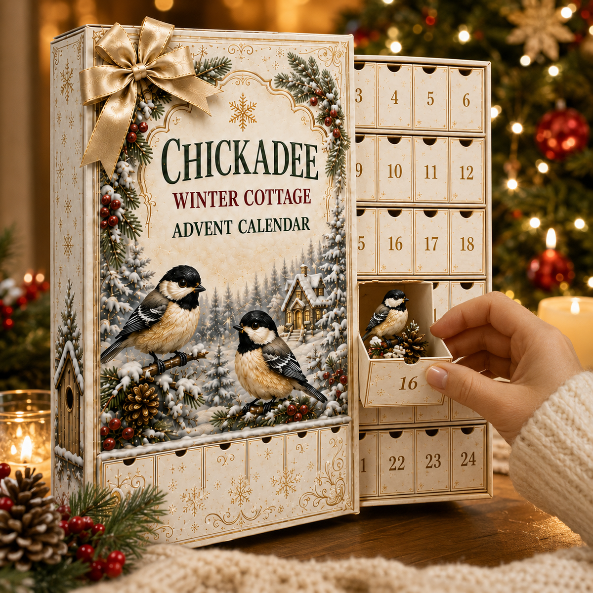 24-Day Chickadee Advent Calendar | Autumn & Winter Cottage Collectible Gift