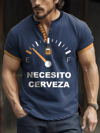 Men's Retro Contrast Oktoberfest Beer Print Henley Neck T-Shirt
