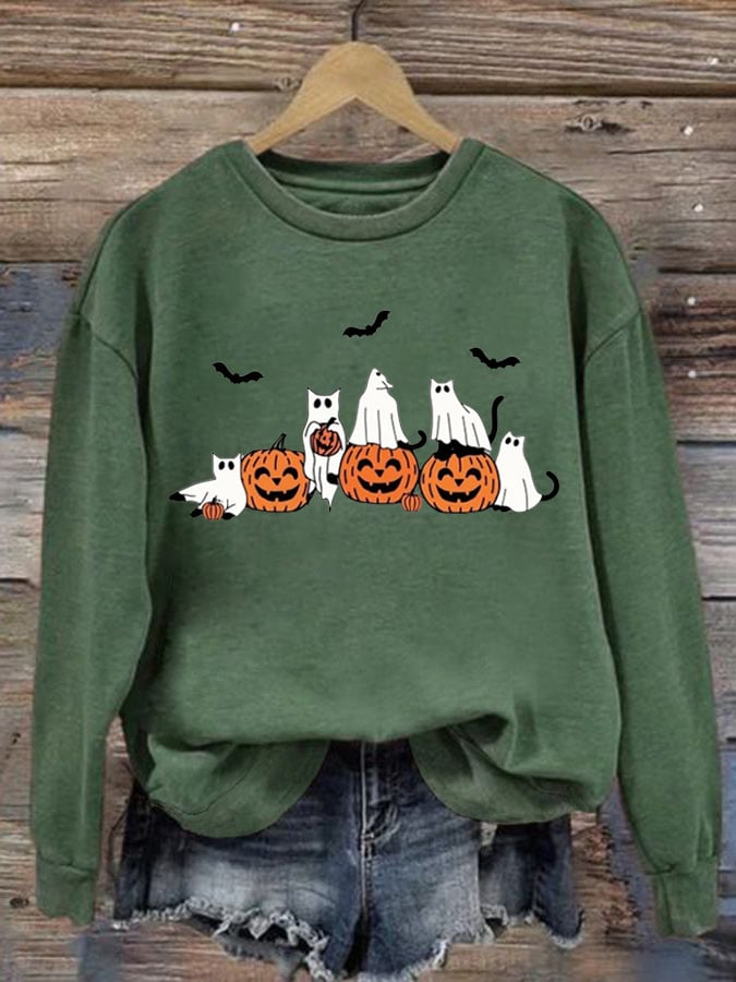 Women's Ghost Cats Halloween Print Long Sleeve Sweatshirt