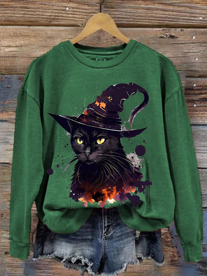 Women's  Halloween Witches Cat  Print Sweatshirt