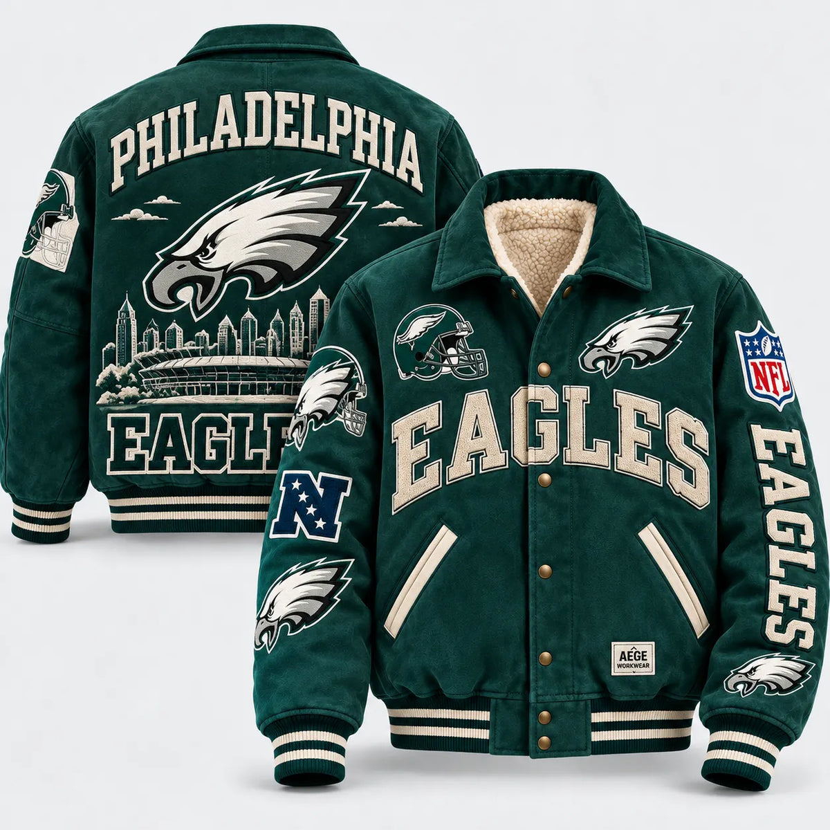 UNISEX PHILADELPHIA EAGLES RETRO PATCHWORK VARSITY JACKET | AEGE