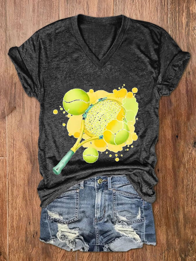 Women's Tennis Lover Watercolor V-Neck T-Shirt