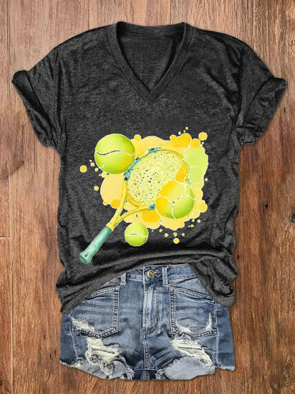 Women's Tennis Lover Watercolor V-Neck T-Shirt