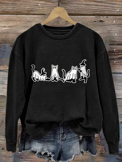 Women's Cute Cat Ghost Print Long Sleeve Sweatshirt