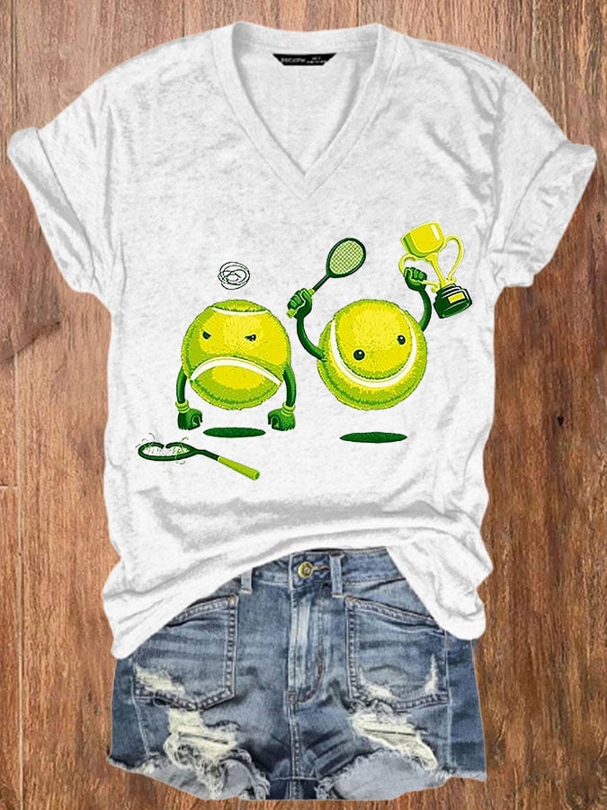 Women's Funny Tennis Print Casual V-Neck Tee