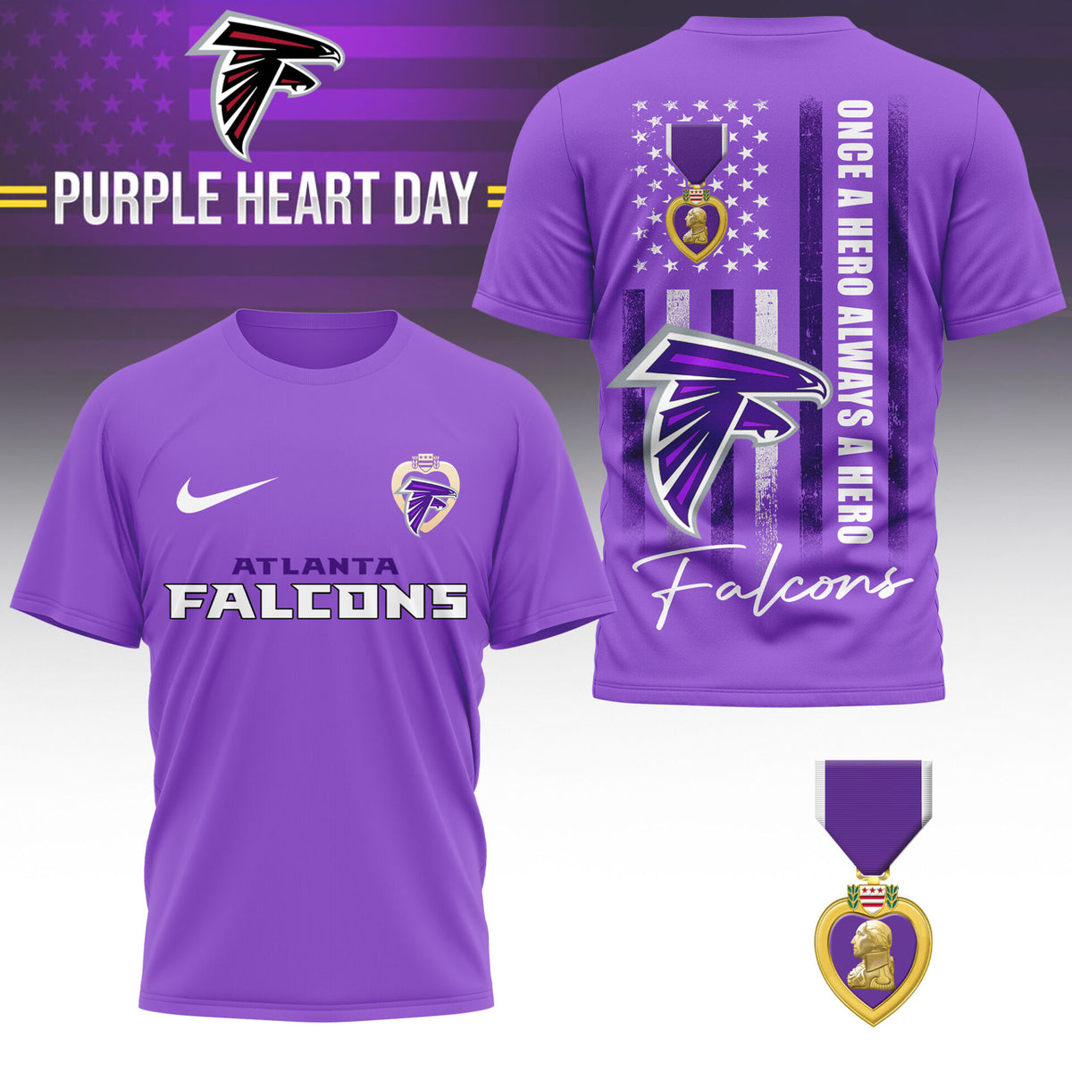 Atlanta Falcons | Premium NFL Premium National Purple Heart Day 3D Shirt HI