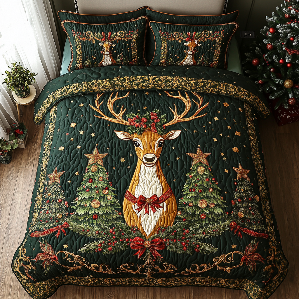 Festive Reindeer Forest Quilted Bedding Set NCU0DV1726